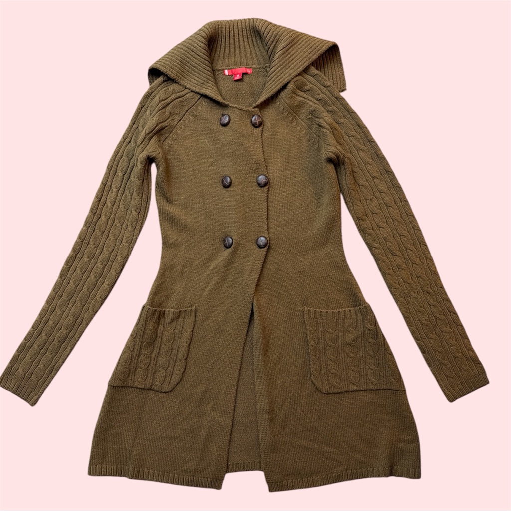 Y2k Brown Longline Babydoll Cardigan With Double Breasted Buttons